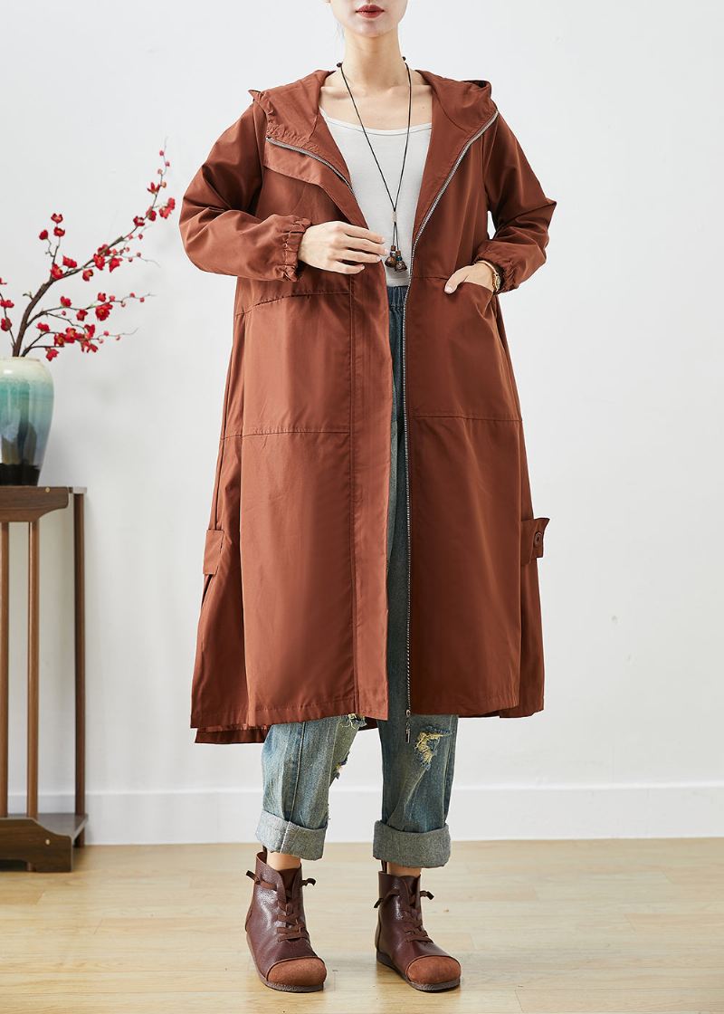 Brun Oversized Spandex Trench Hette Med Glidelås Fall - Trenchcoats for kvinner