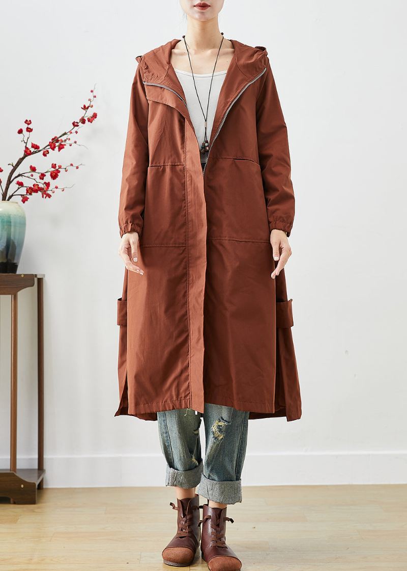 Brun Oversized Spandex Trench Hette Med Glidelås Fall - Trenchcoats for kvinner