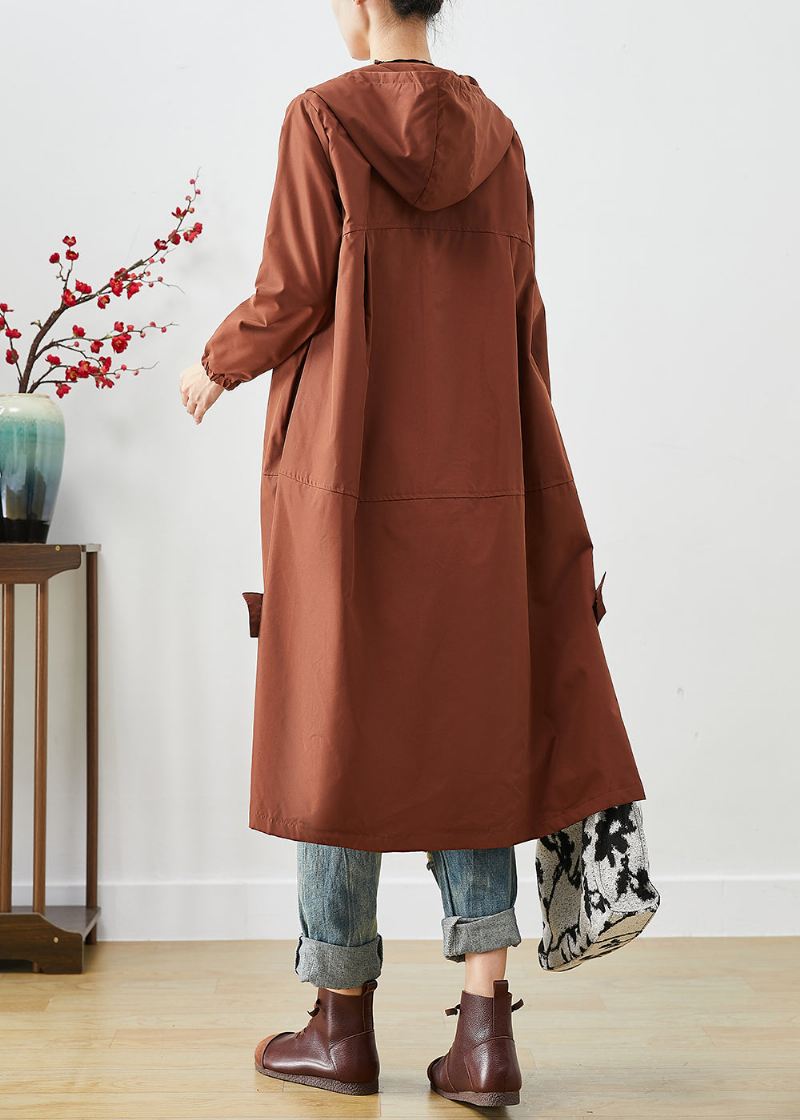 Brun Oversized Spandex Trench Hette Med Glidelås Fall - Trenchcoats for kvinner