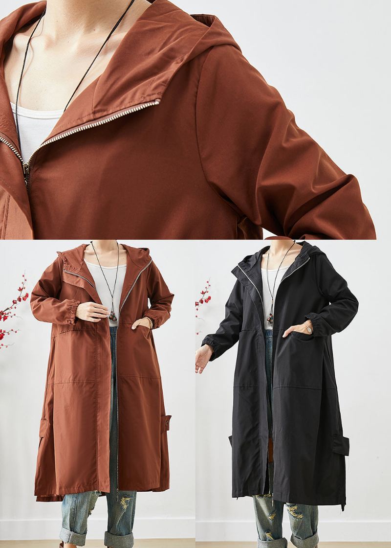 Brun Oversized Spandex Trench Hette Med Glidelås Fall - Trenchcoats for kvinner