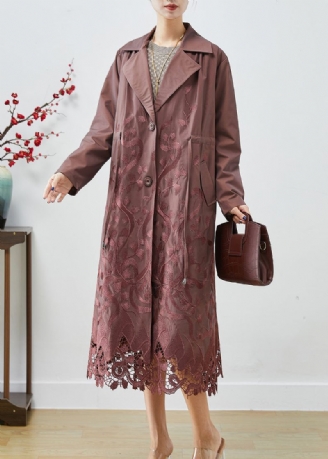 Brun Spandex Trench Coats Brodert Tie Midje Fall