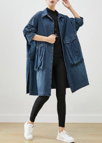 Casual Marineblå Overdimensjonerte Store Lommer Denim Trench Fall