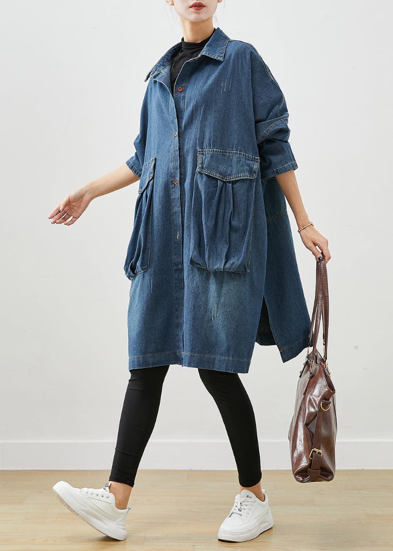 Casual Marineblå Overdimensjonerte Store Lommer Denim Trench Fall - Trenchcoats for kvinner