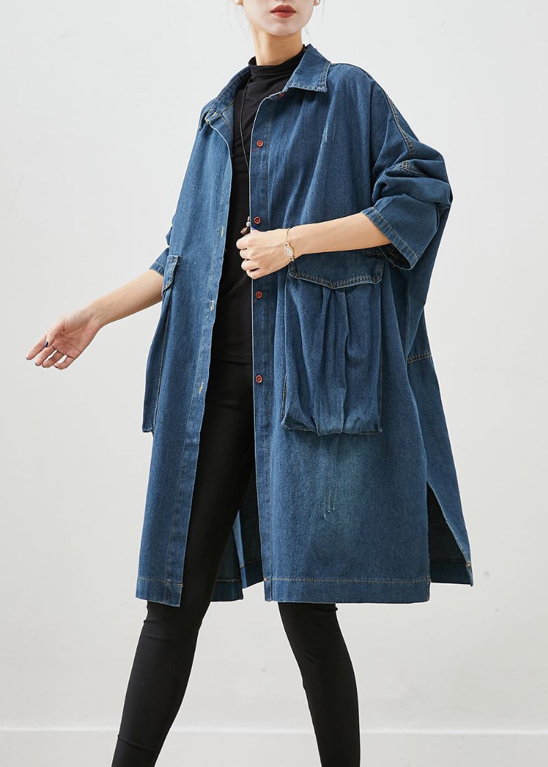 Casual Marineblå Overdimensjonerte Store Lommer Denim Trench Fall - Trenchcoats for kvinner