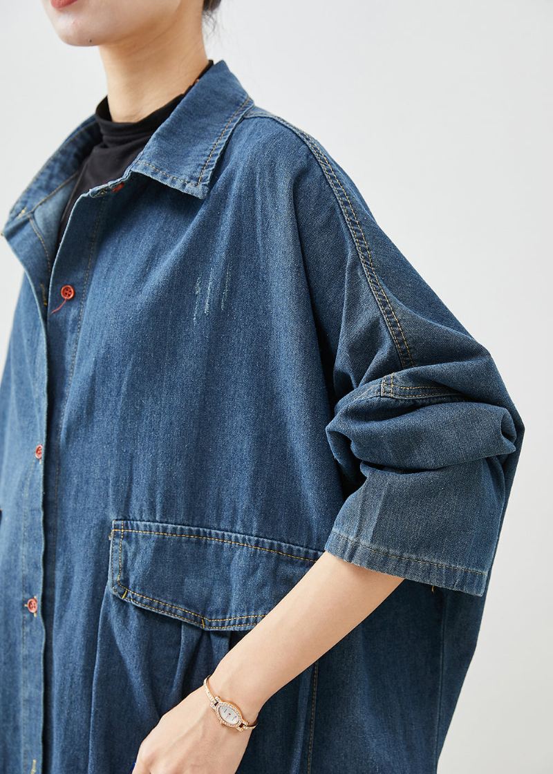 Casual Marineblå Overdimensjonerte Store Lommer Denim Trench Fall - Trenchcoats for kvinner