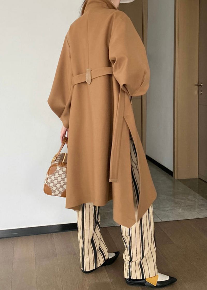 Chic Khaki Button Tie Midje Patchwork Ull Trench Coats Lantern Sleeve - Trenchcoats for kvinner