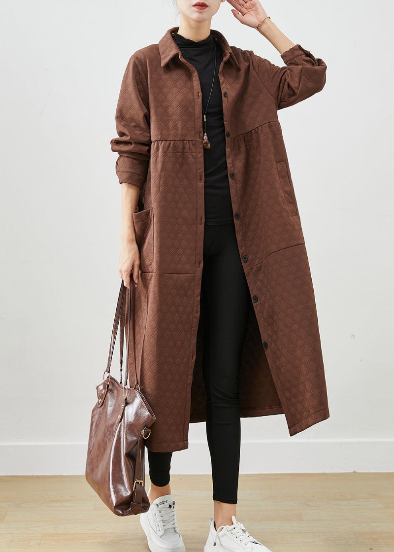 Chocolate Patchwork Cotton Trench Coats Overdimensjonerte Lommer Fall