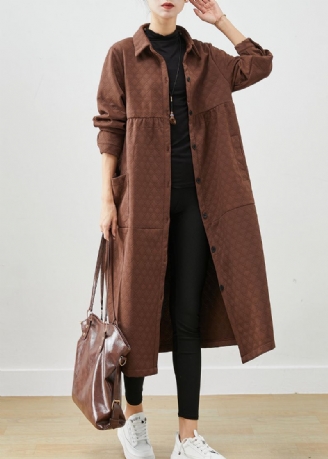 Chocolate Patchwork Cotton Trench Coats Overdimensjonerte Lommer Fall