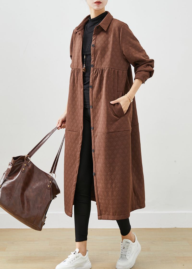 Chocolate Patchwork Cotton Trench Coats Overdimensjonerte Lommer Fall - Trenchcoats for kvinner