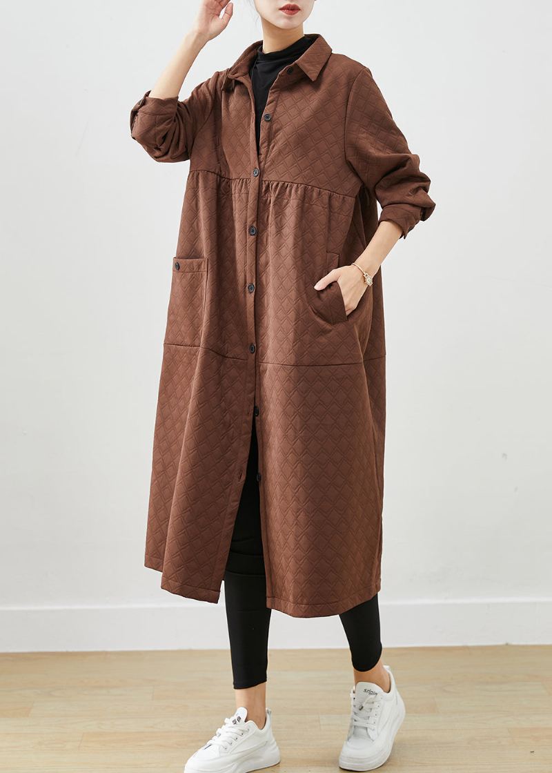 Chocolate Patchwork Cotton Trench Coats Overdimensjonerte Lommer Fall - Trenchcoats for kvinner