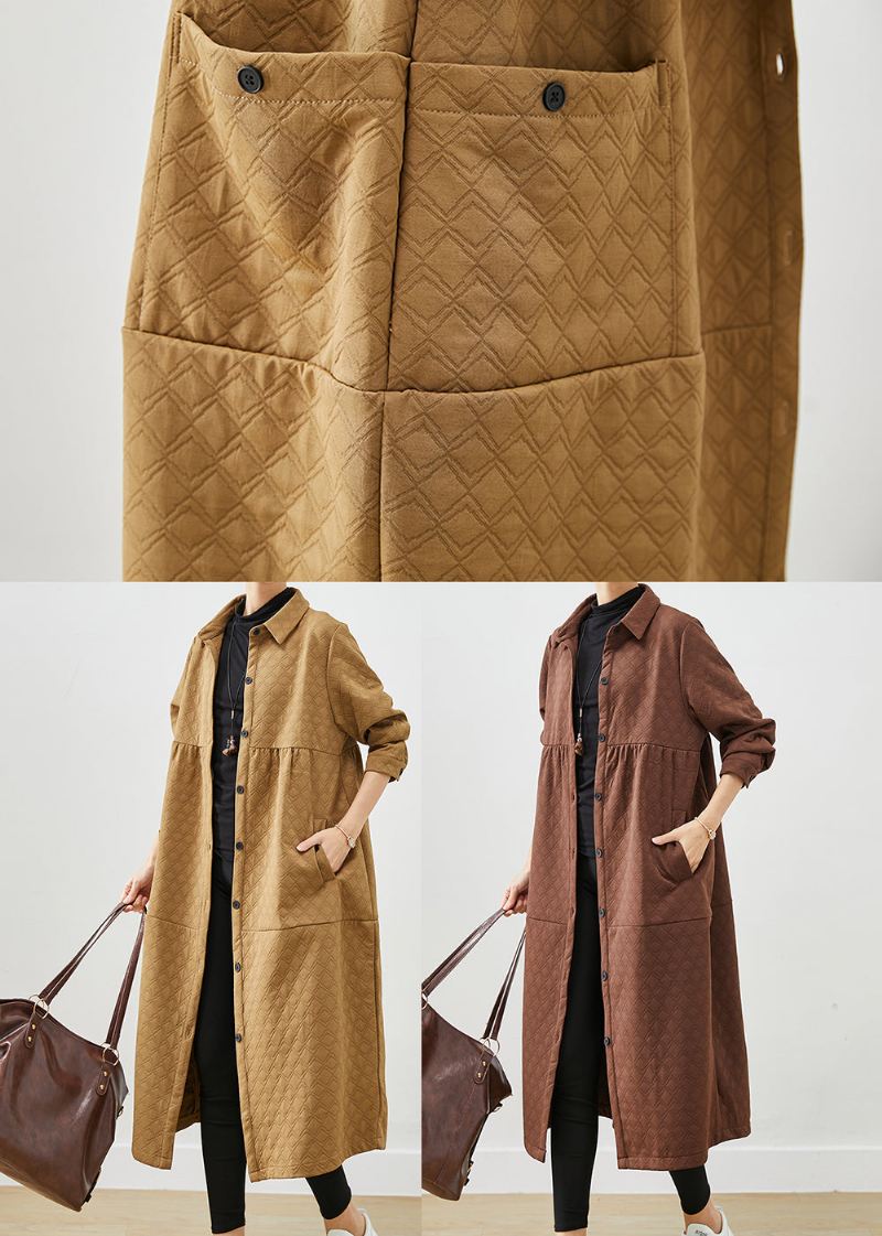 Chocolate Patchwork Cotton Trench Coats Overdimensjonerte Lommer Fall - Trenchcoats for kvinner