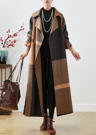 Coffee Patchwork Cotton Coat Outwear Oversized Fall