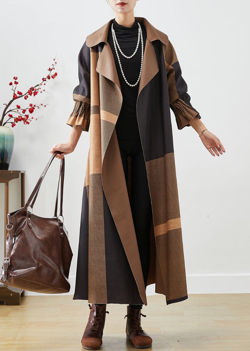 Coffee Patchwork Cotton Coat Outwear Oversized Fall - Trenchcoats for kvinner