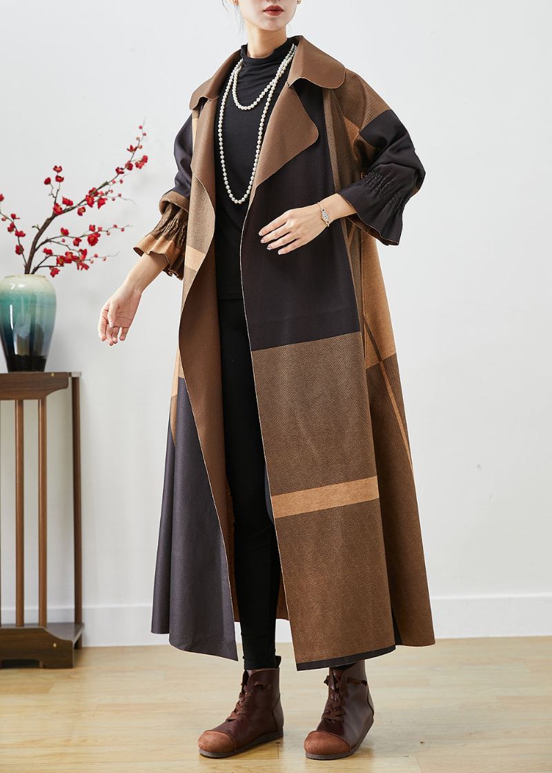 Coffee Patchwork Cotton Coat Outwear Oversized Fall - Trenchcoats for kvinner