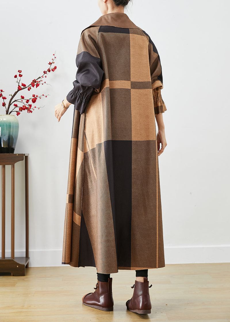 Coffee Patchwork Cotton Coat Outwear Oversized Fall - Trenchcoats for kvinner