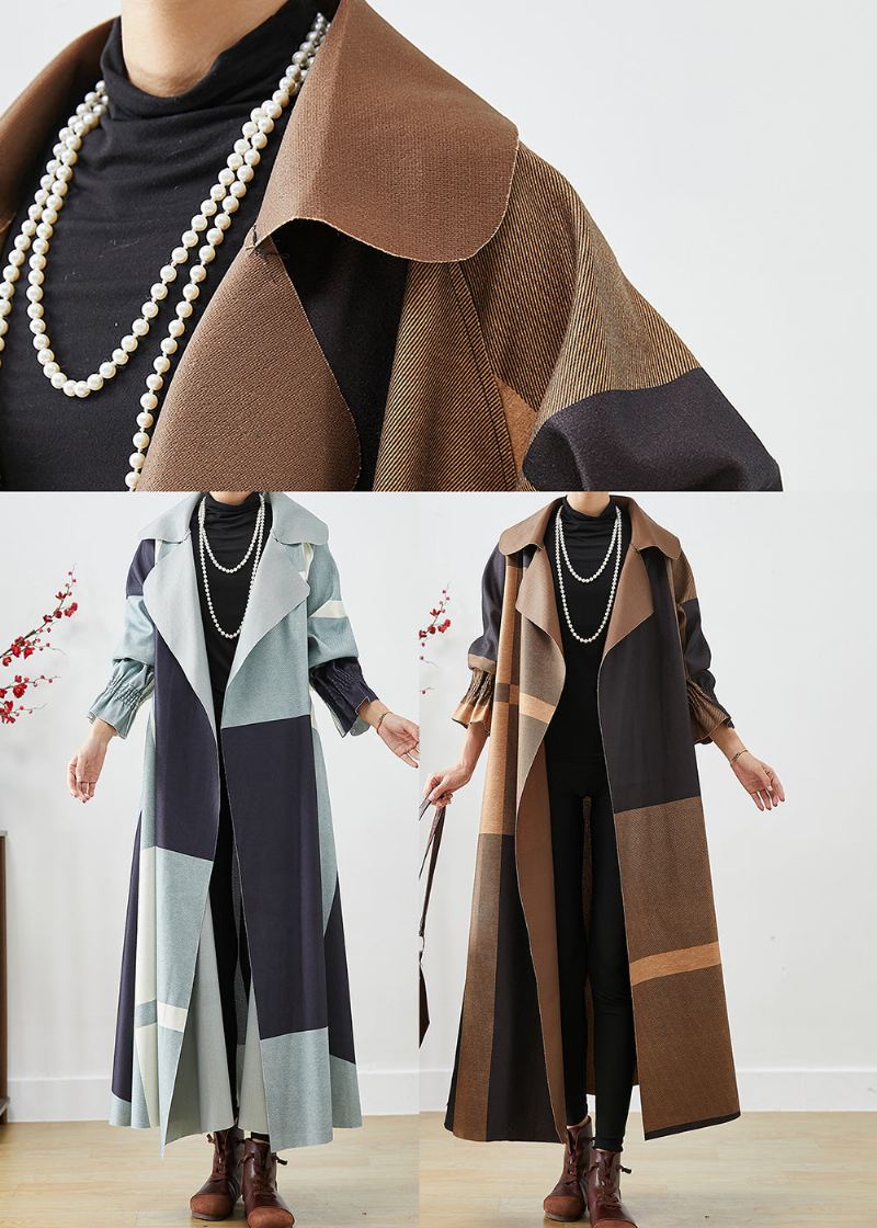 Coffee Patchwork Cotton Coat Outwear Oversized Fall - Trenchcoats for kvinner