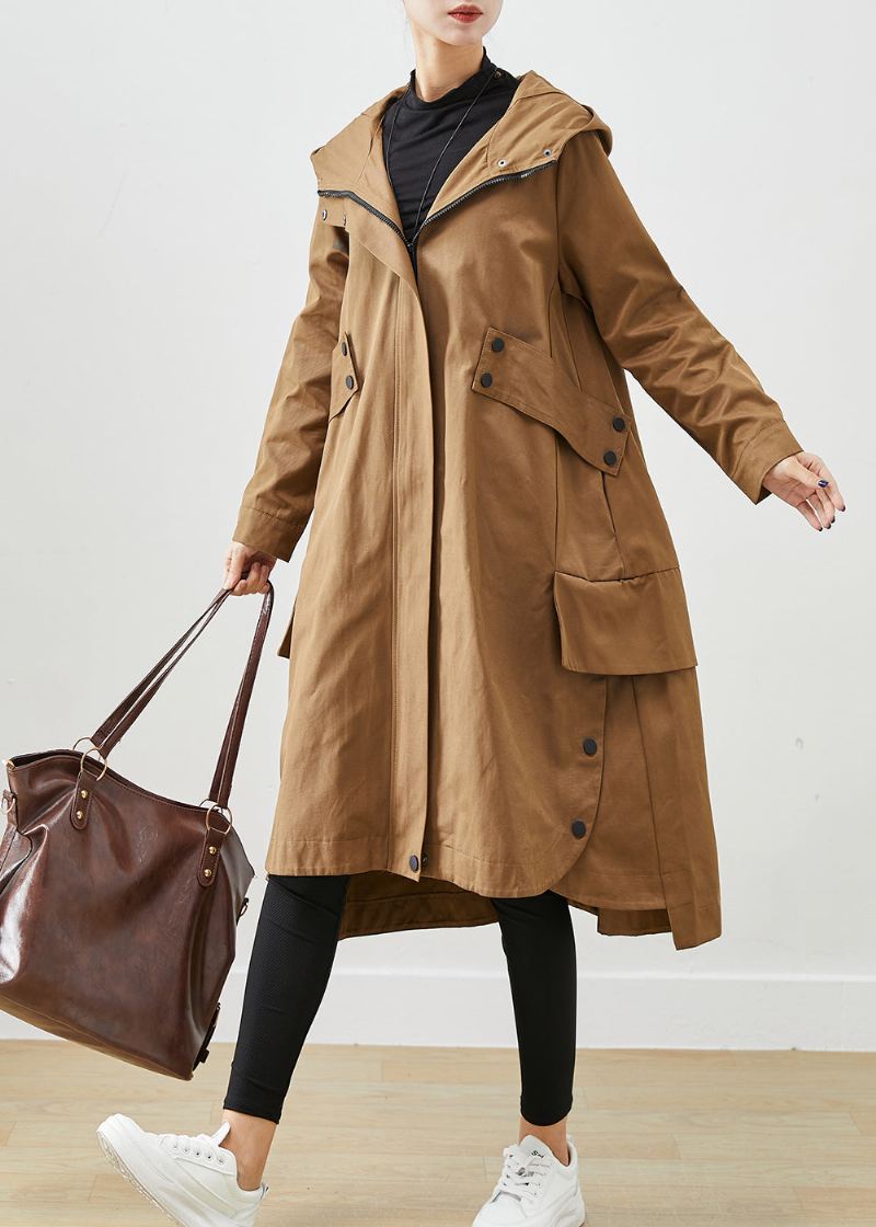 Coffee Patchwork Cotton Trench Overdimensjonerte Lommer Fall - Trenchcoats for kvinner