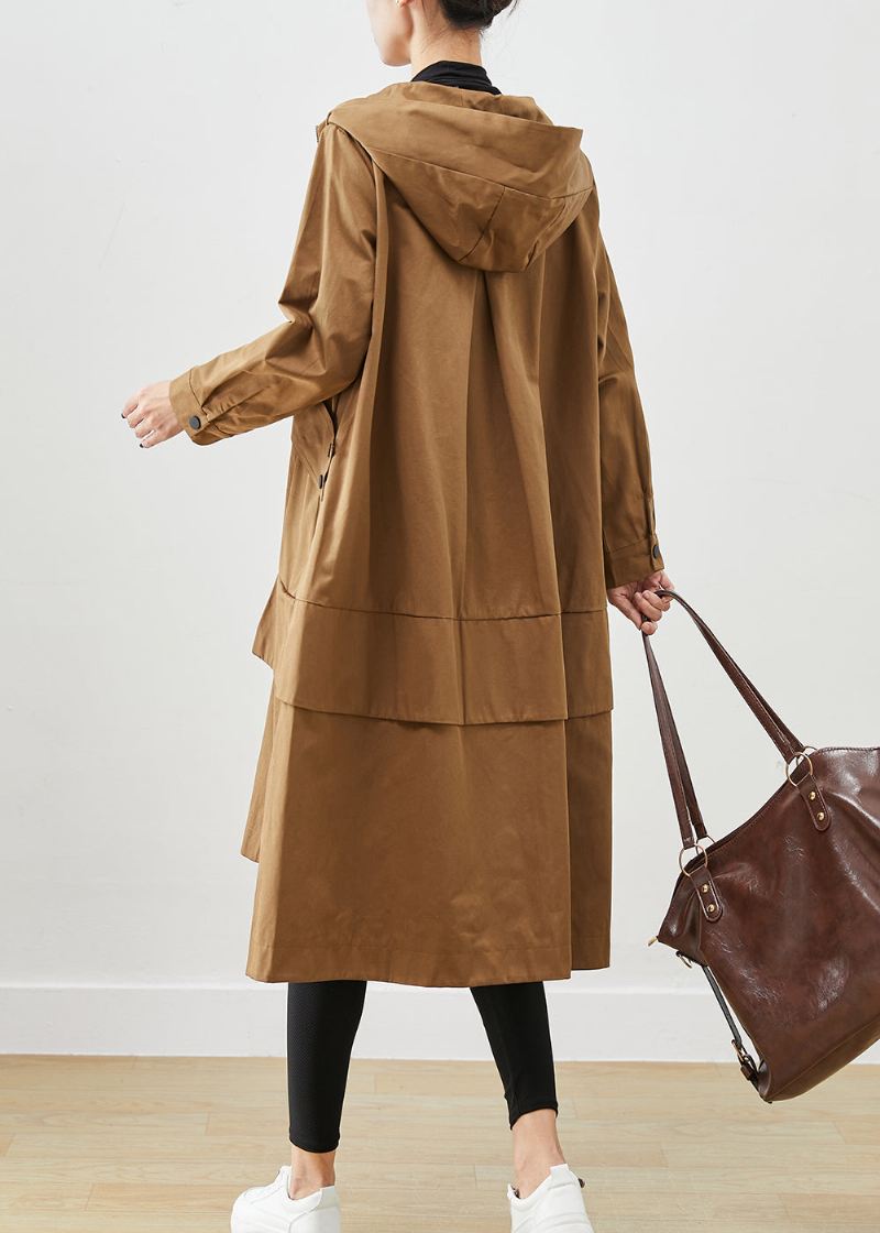 Coffee Patchwork Cotton Trench Overdimensjonerte Lommer Fall - Trenchcoats for kvinner