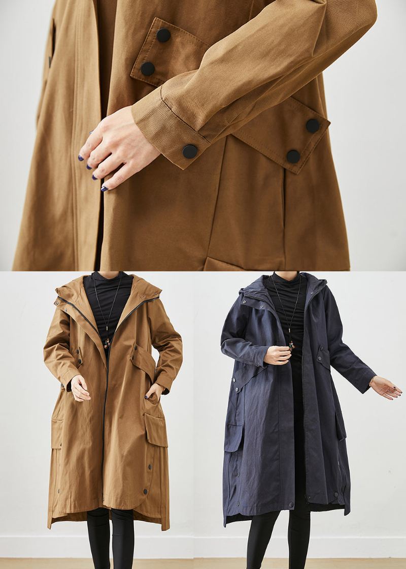 Coffee Patchwork Cotton Trench Overdimensjonerte Lommer Fall - Trenchcoats for kvinner