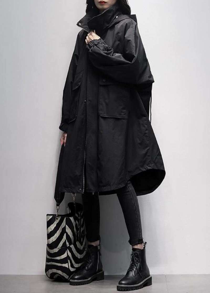 Dame Hette Ruffles Lommer Trenchcoat Svart Overdimensjonert Yttertøy - Trenchcoats for kvinner