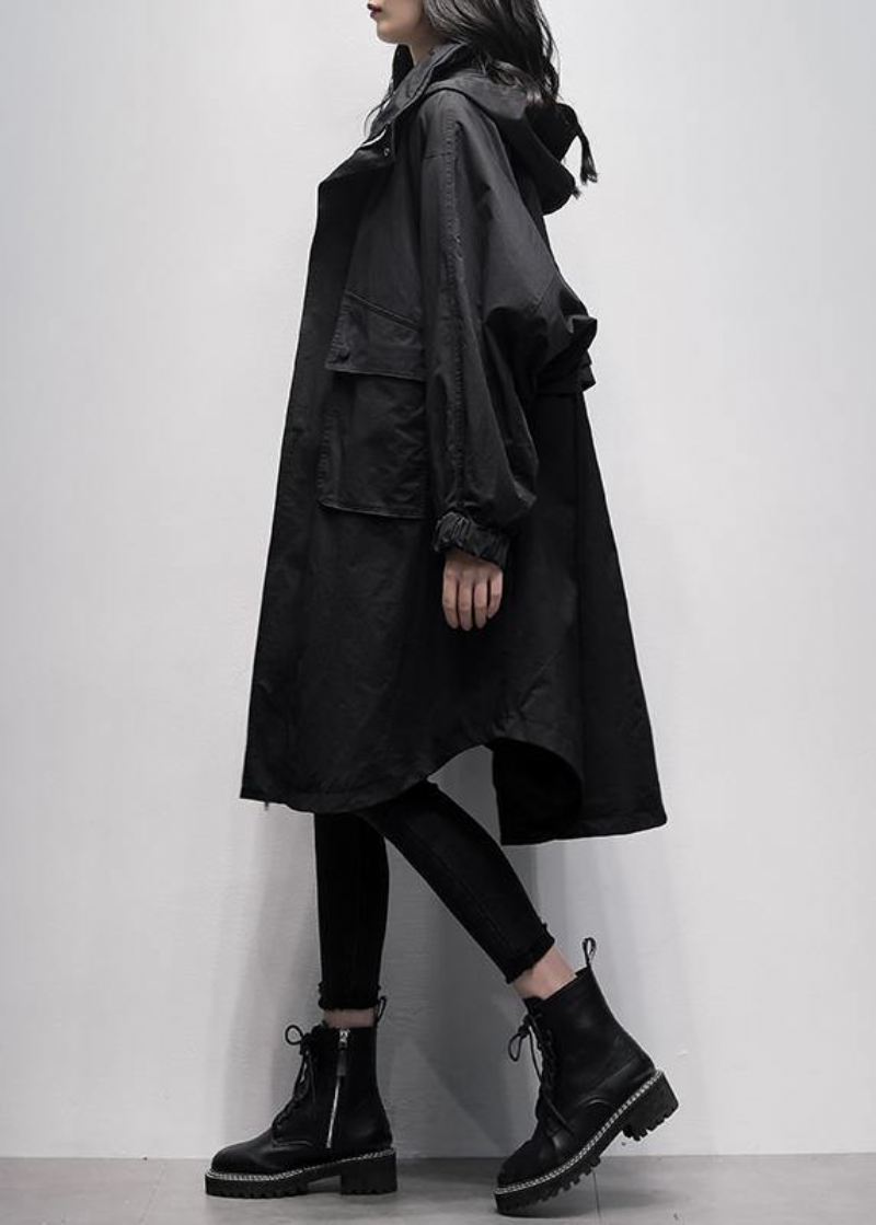 Dame Hette Ruffles Lommer Trenchcoat Svart Overdimensjonert Yttertøy - Trenchcoats for kvinner