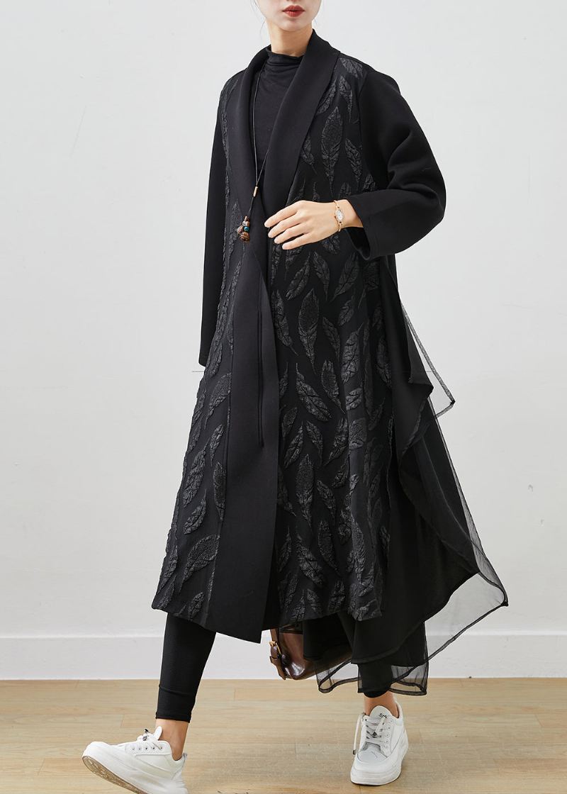 Dame Svart Oversized Patchwork Jacquard Cotton Trench Coats Spring - Trenchcoats for kvinner