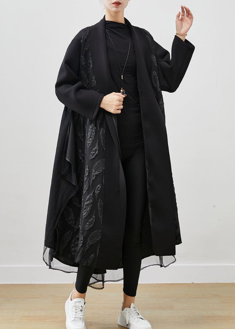 Dame Svart Oversized Patchwork Jacquard Cotton Trench Coats Spring - Trenchcoats for kvinner