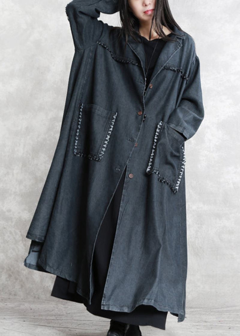 Dame Svart Vinterkåpe Overdimensjonert Hakkede Lommer Elegante Lange Armede Denim Patchwork Kåper - Trenchcoats for kvinner