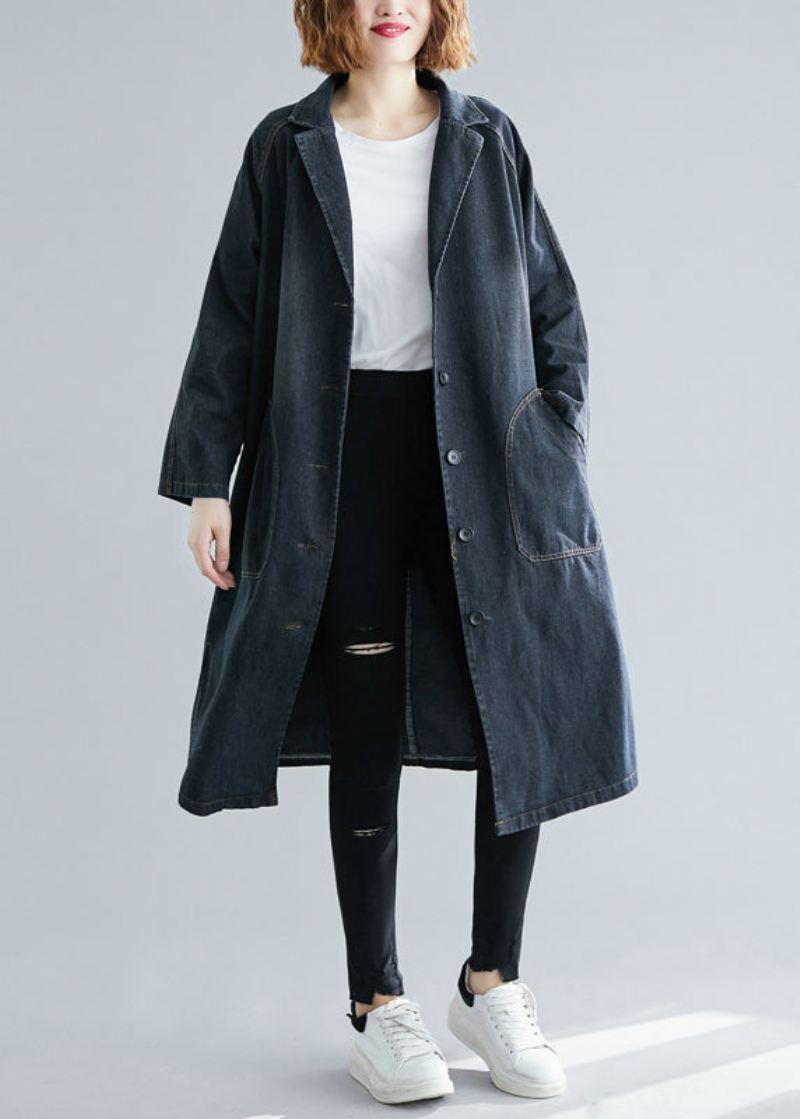 Dame Svarte Hakklommer Denim Trench Fall - Trenchcoats for kvinner