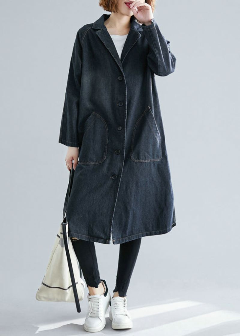 Dame Svarte Hakklommer Denim Trench Fall - Trenchcoats for kvinner