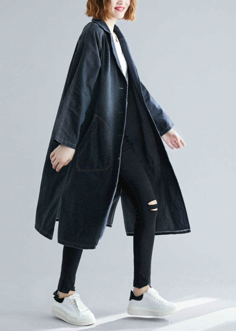 Dame Svarte Hakklommer Denim Trench Fall - Trenchcoats for kvinner