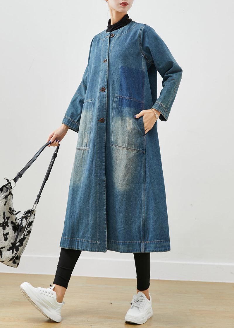 Diy Denim Blå O-hals Lommer Bomull Trench Coat Høst