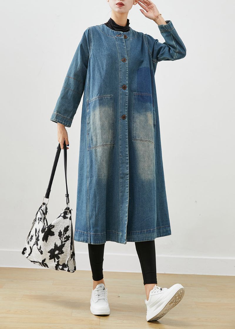 Diy Denim Blå O-hals Lommer Bomull Trench Coat Høst - Trenchcoats for kvinner