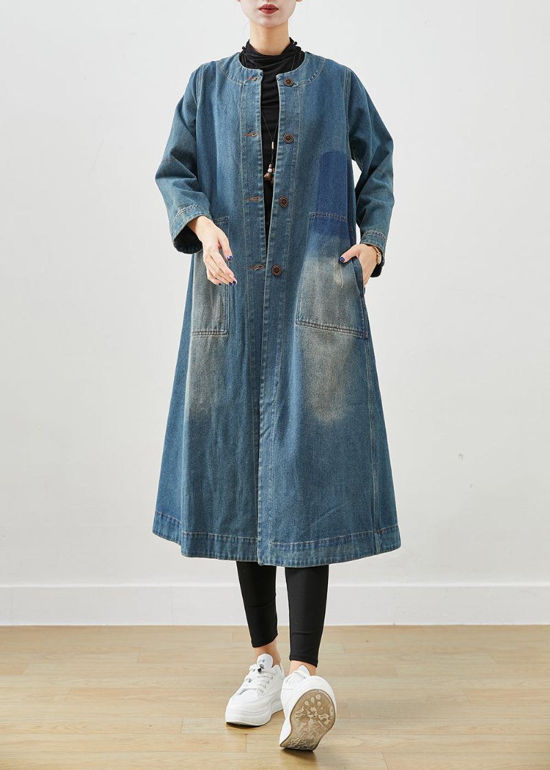 Diy Denim Blå O-hals Lommer Bomull Trench Coat Høst - Trenchcoats for kvinner