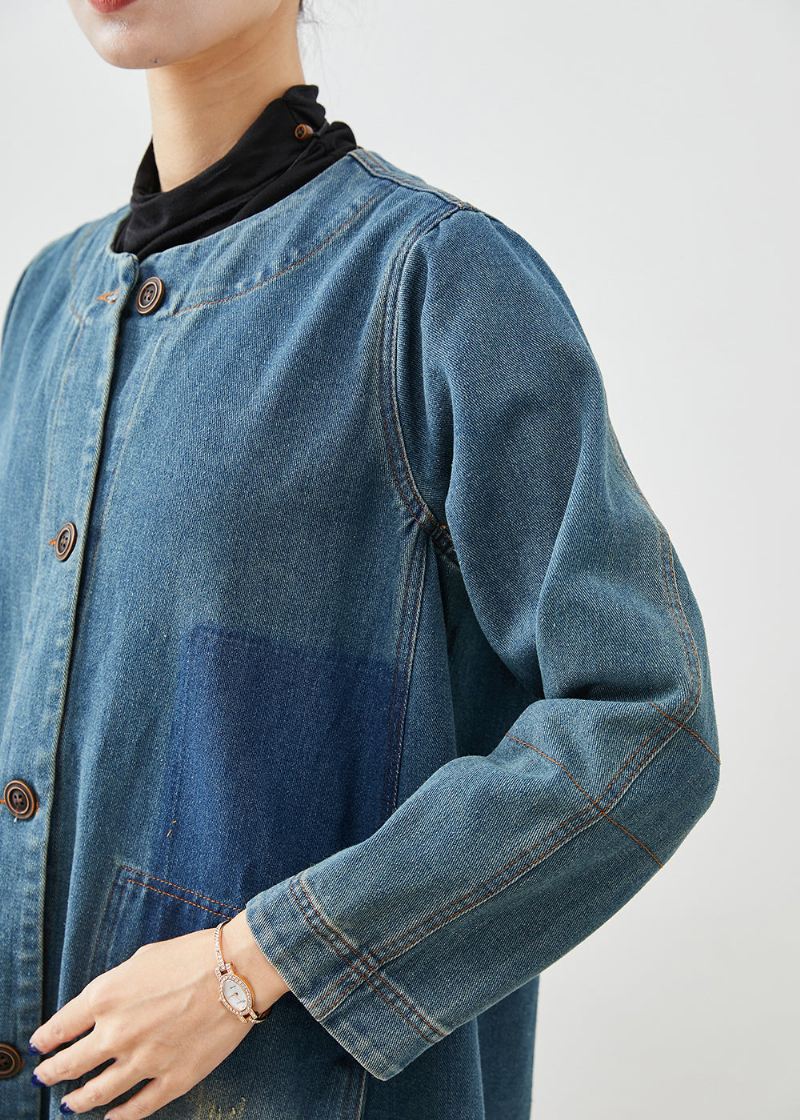 Diy Denim Blå O-hals Lommer Bomull Trench Coat Høst - Trenchcoats for kvinner