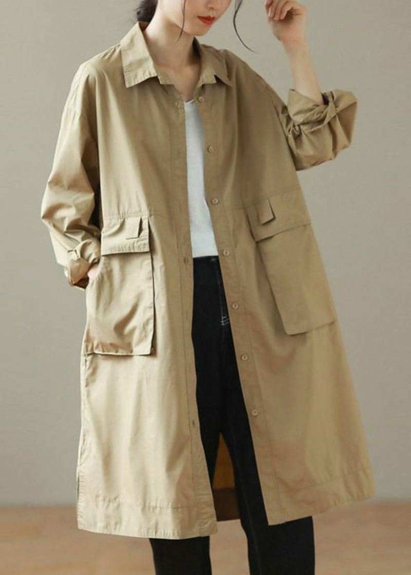 Diy Svartaktig Grønn Overdimensjonerte Lommer Bomull Trenchcoat Høst - Trenchcoats for kvinner