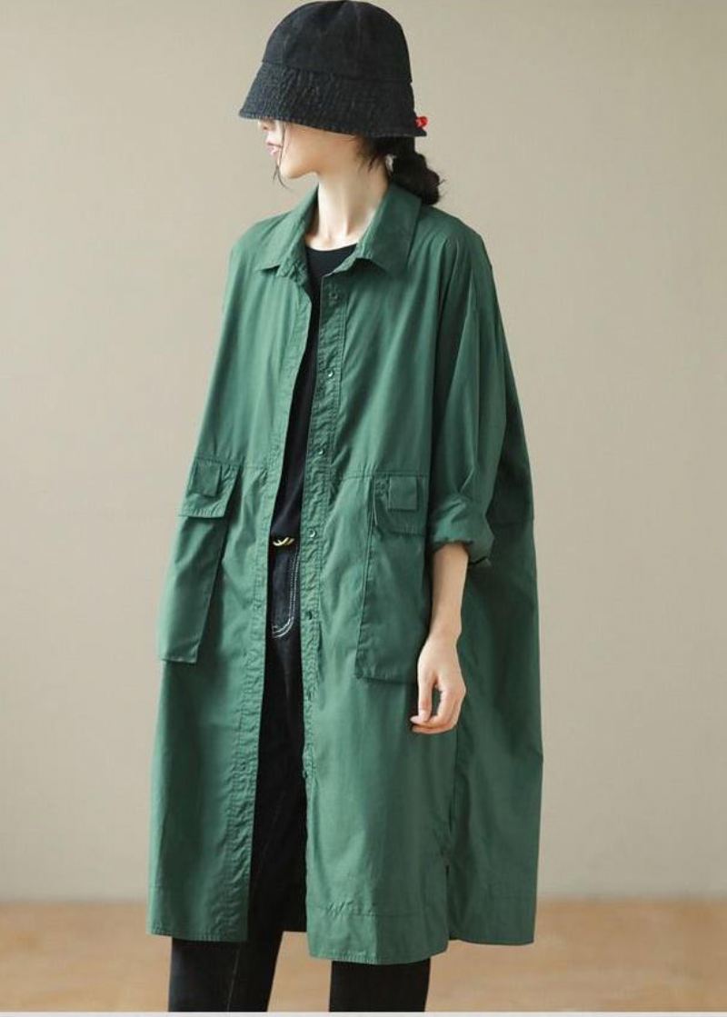 Diy Svartaktig Grønn Overdimensjonerte Lommer Bomull Trenchcoat Høst - Trenchcoats for kvinner