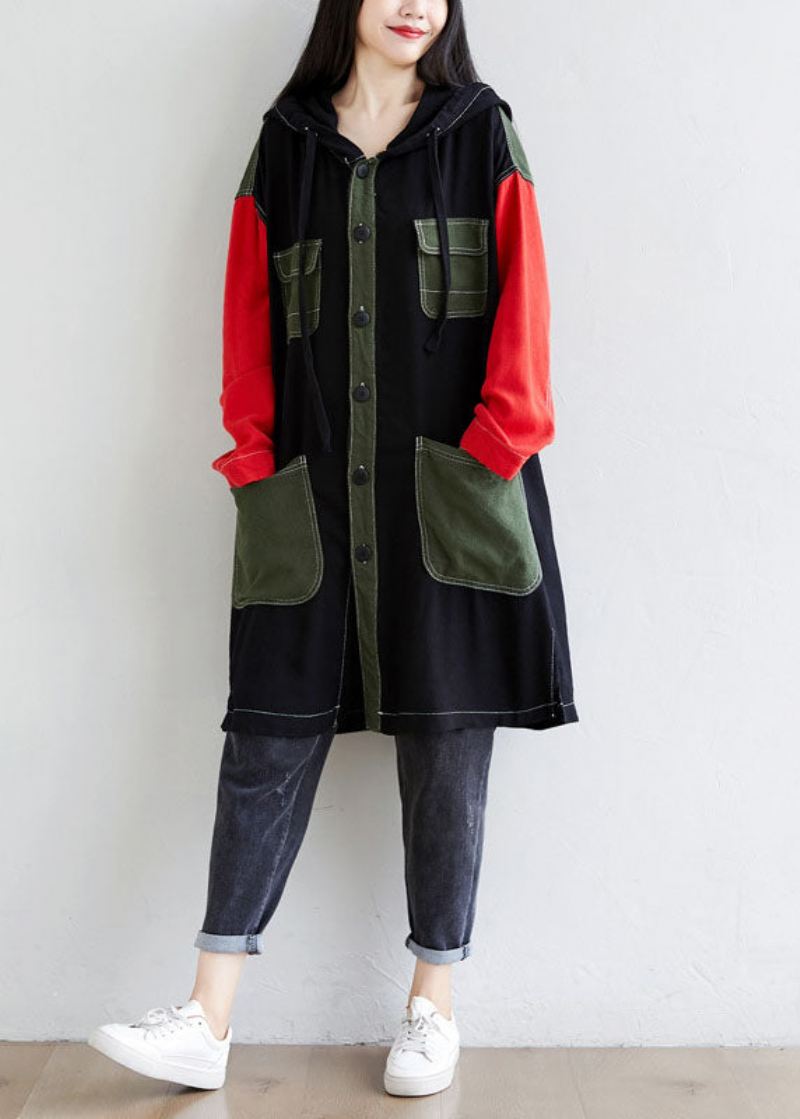 Diy Svarte Hettelommer Patchwork Lin Trench Spring - Trenchcoats for kvinner