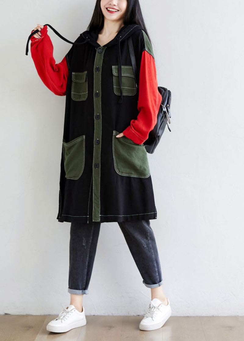 Diy Svarte Hettelommer Patchwork Lin Trench Spring - Trenchcoats for kvinner