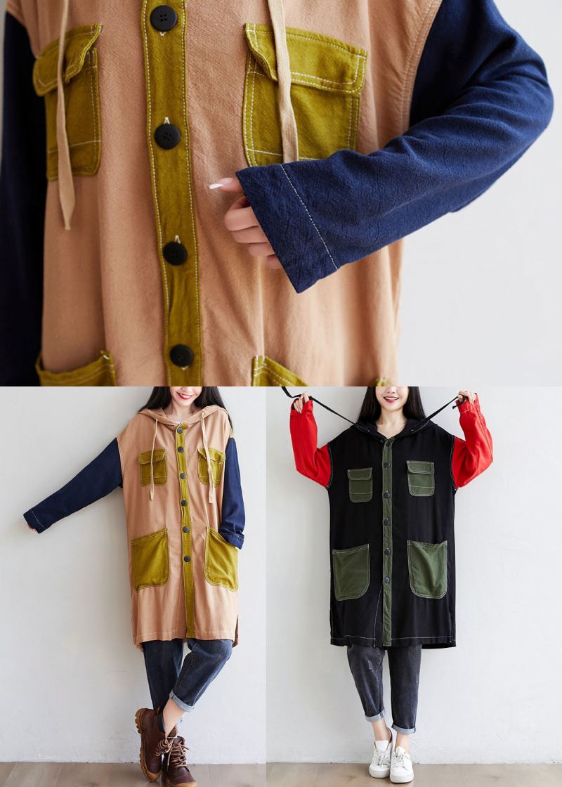 Diy Svarte Hettelommer Patchwork Lin Trench Spring - Trenchcoats for kvinner