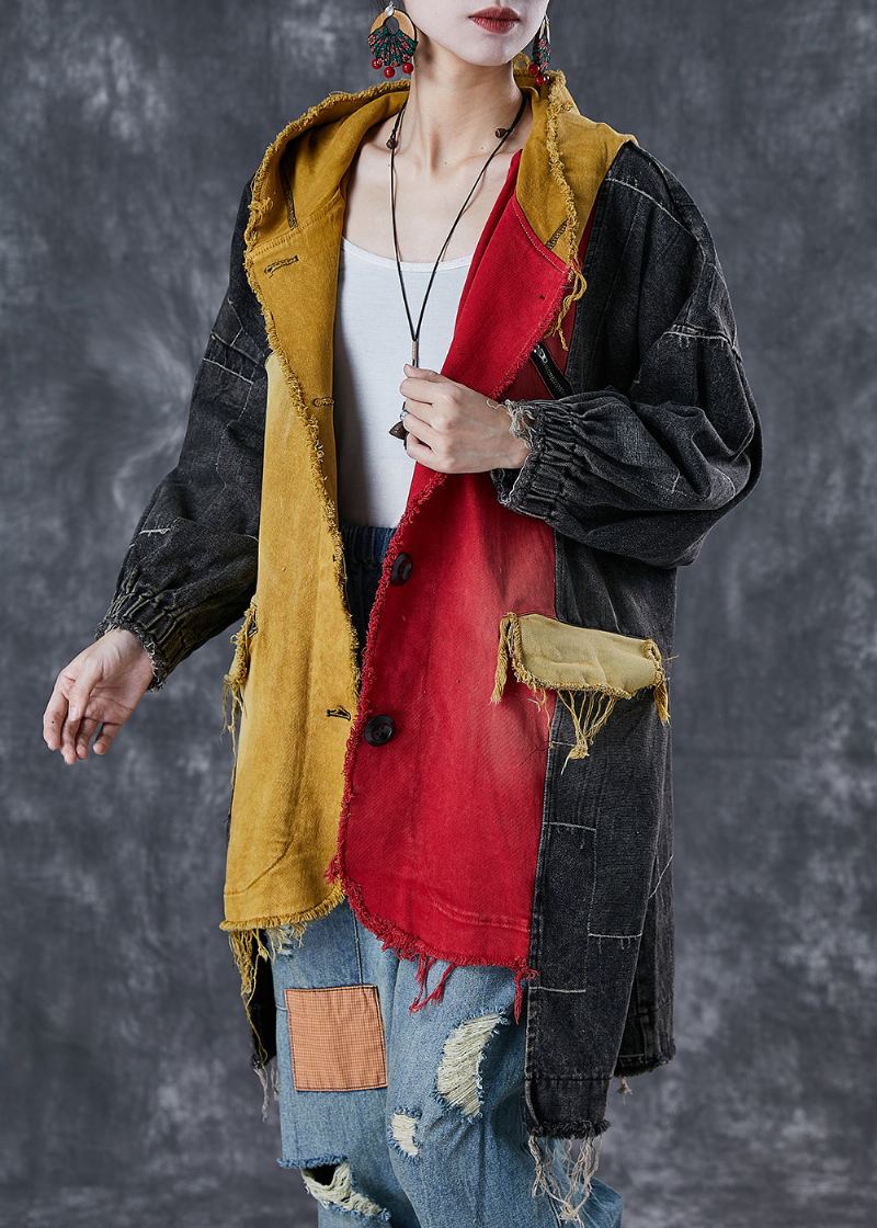 Elegant Colorblock Asymmetrisk Patchwork Cotton Coat Høst