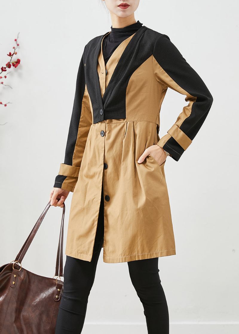 Elegant Colorblock Silm Fit Patchwork Cotton Trench Fall - Trenchcoats for kvinner