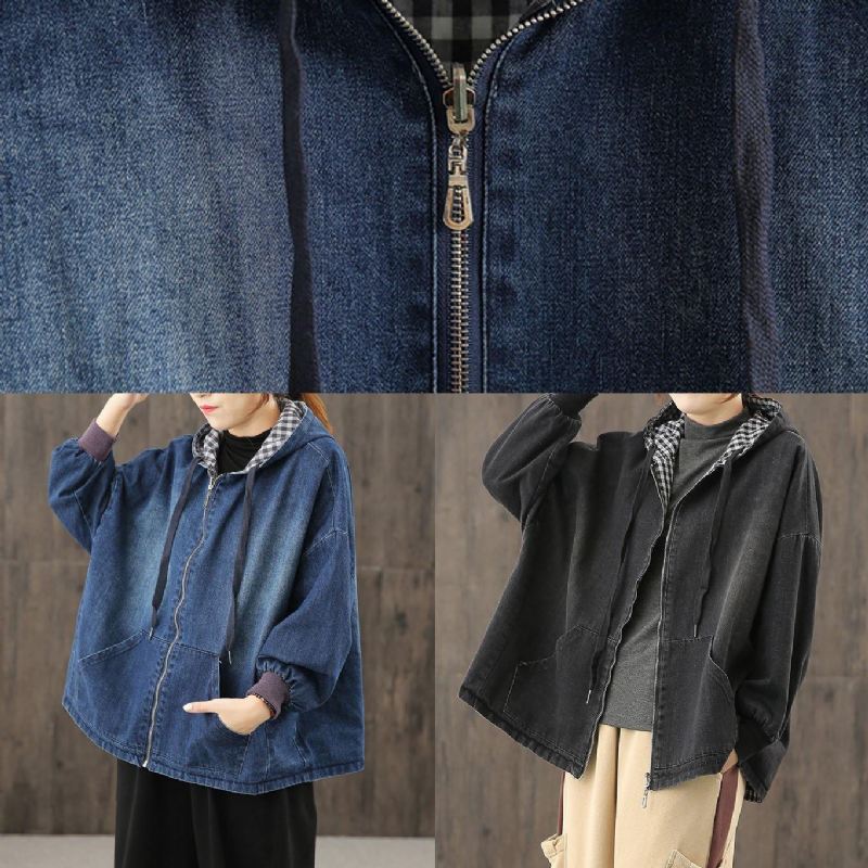 Elegant Denim Svarte Klær Hettelommer Baggy Bluse - Trenchcoats for kvinner