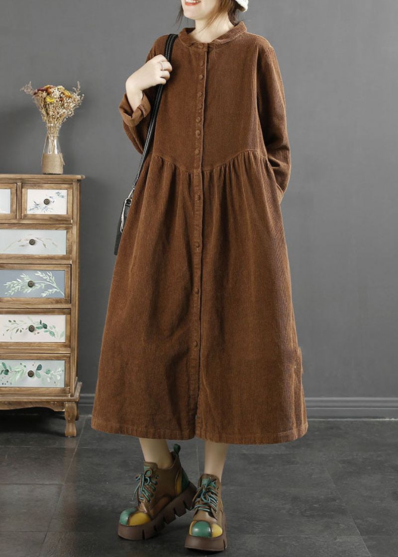 Elegant Kaffe Firkantet Krage Rynket Patchwork Corduroy Lang Trench Coats Langermet - Kaffe