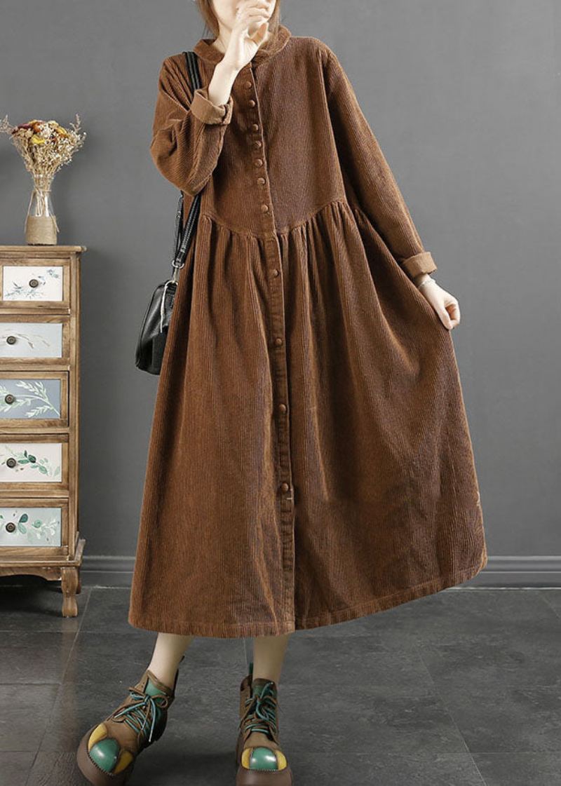 Elegant Kaffe Firkantet Krage Rynket Patchwork Corduroy Lang Trench Coats Langermet - Kaffe