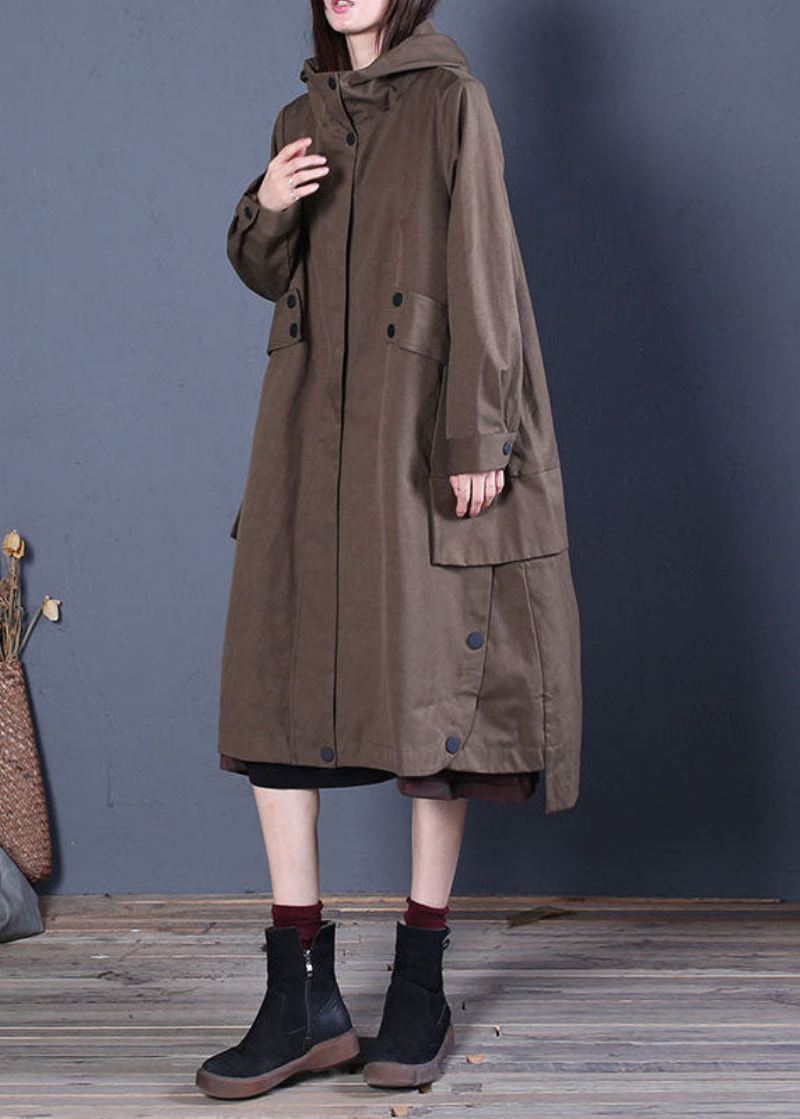 Elegant Kaffe Løs Glidelås-knapp Høst-hettejakke Trenchcoat - Kaffe