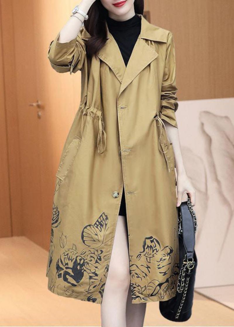 Elegant Khaki Notched Print Trench Coats Med Snøring Høst