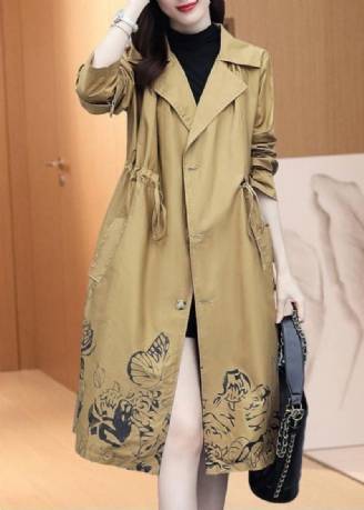 Elegant Khaki Notched Print Trench Coats Med Snøring Høst