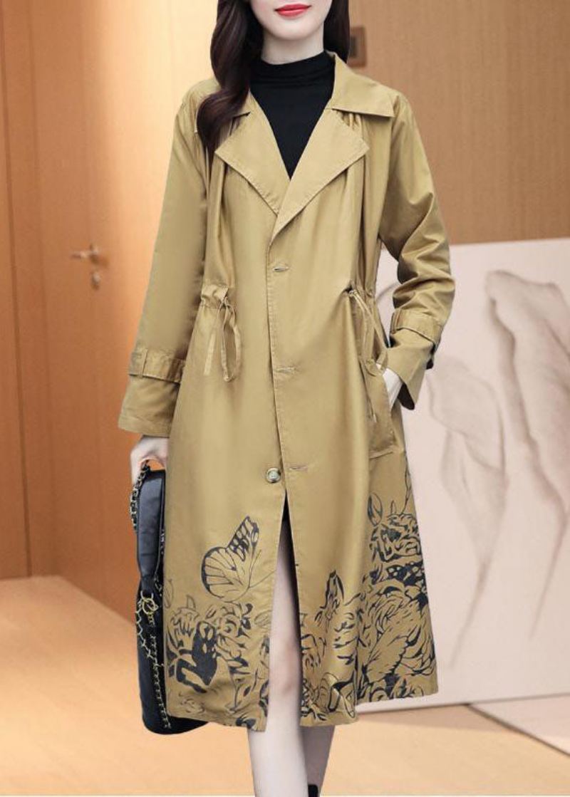 Elegant Khaki Notched Print Trench Coats Med Snøring Høst - Trenchcoats for kvinner