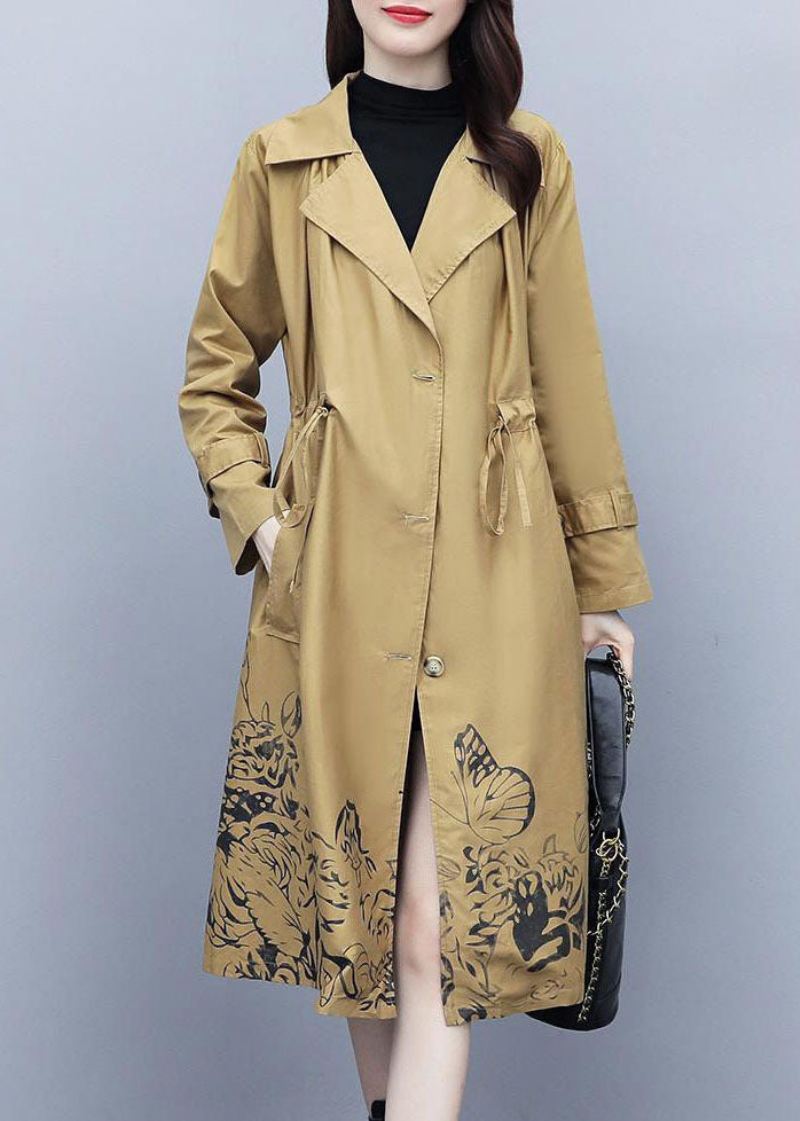 Elegant Khaki Notched Print Trench Coats Med Snøring Høst - Trenchcoats for kvinner